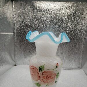 Hand-painted Vintage Glass Vase Blue Crest Fenton Swirl Pink with Pink Roses